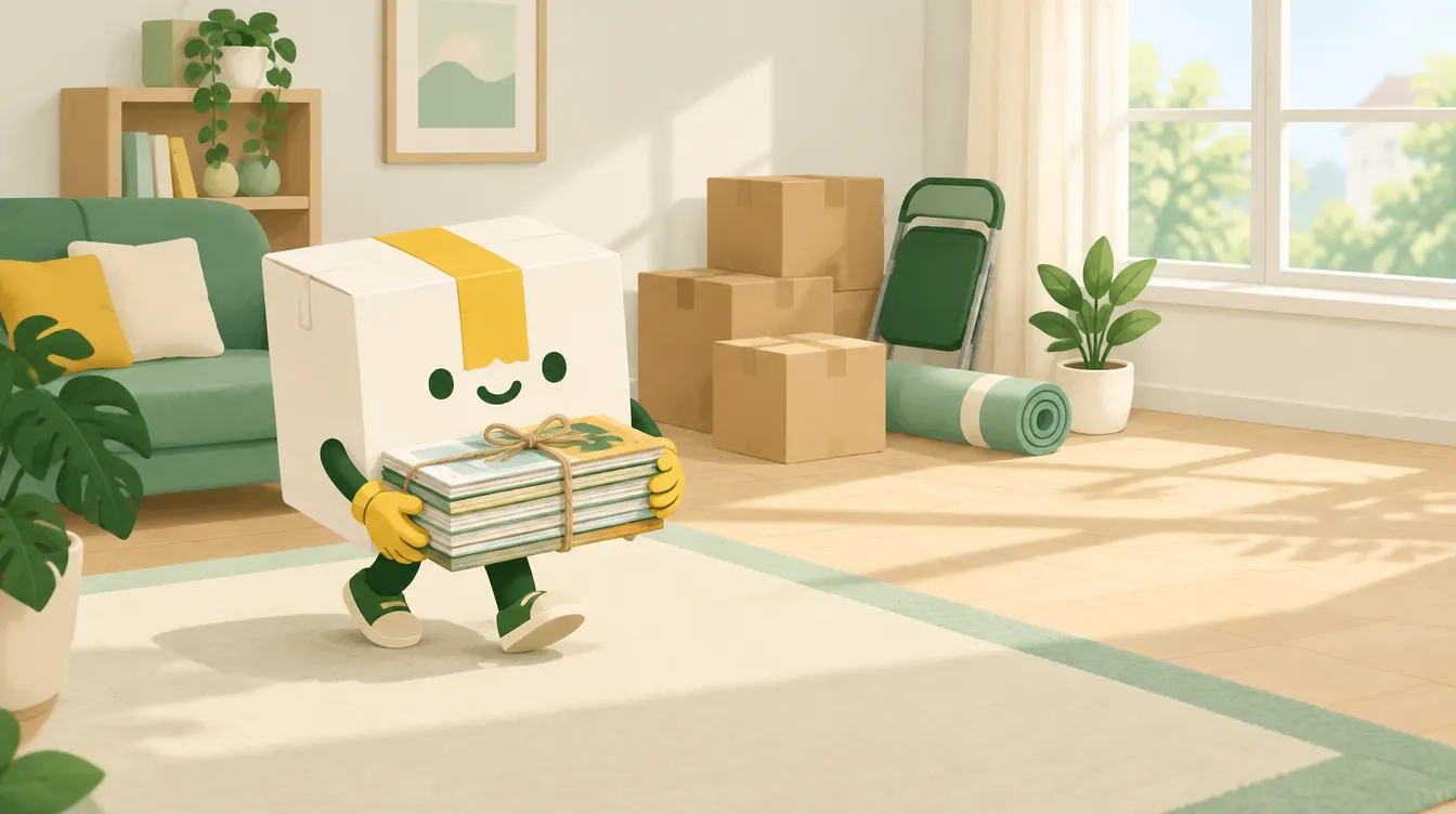 段ボール箱のキャラクターが、ひもで束ねた雑誌を運んでいる片付け中の部屋のイラスト
